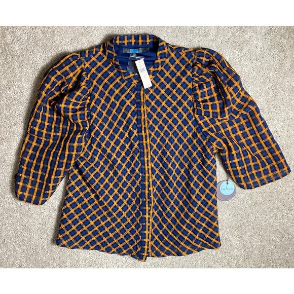 Women Blouse Shirt Top Eva Franco Blue Orange Black Button Up Size 8 NWT - Picture 1 of 10